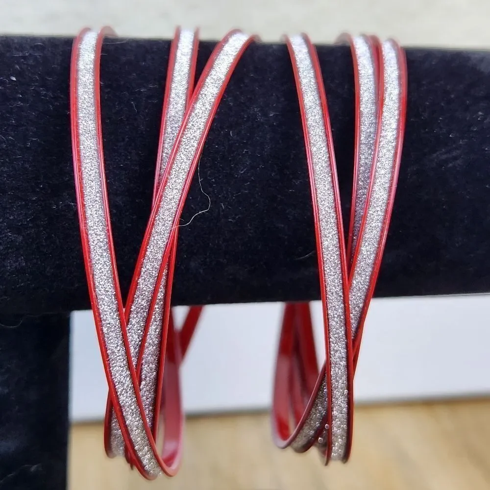 💜Sparkly Red & Silver Sparkly Stackable Metal Bangle Bracelet Set - Picture 6 of 6